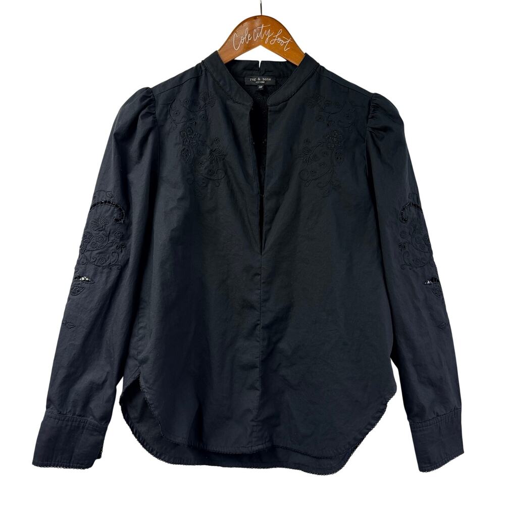 rag & bone New York Jade Long Sleeve Black Embroidered Blouse Top Cotton XXS